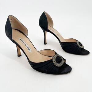 Manolo Blahnik y2k Black Satin Sedaraby Crystal D’Orsay Peep Toe Heels IT 39